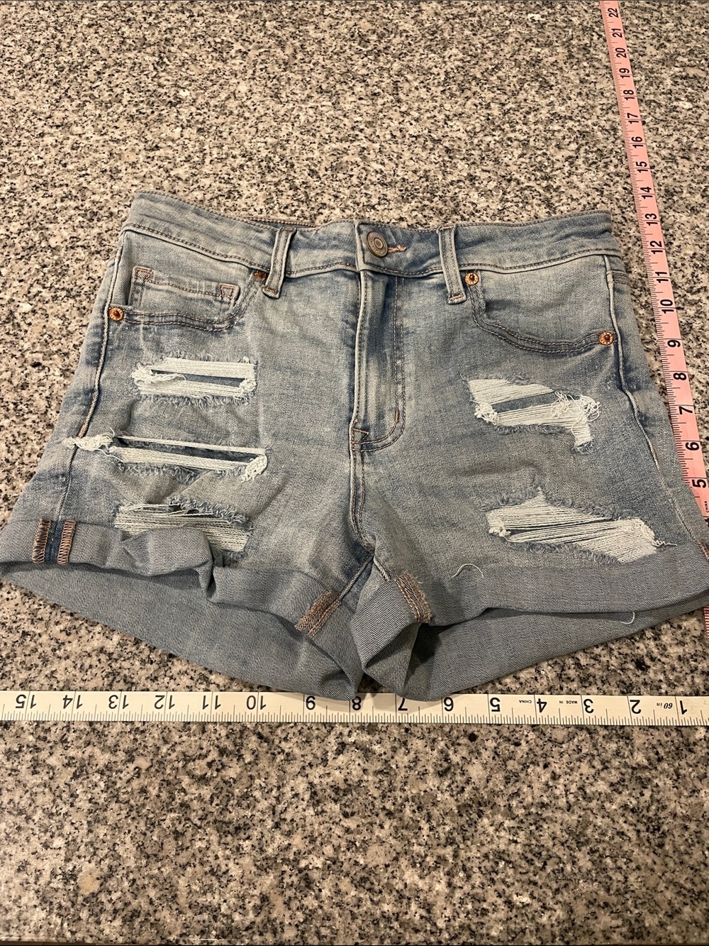 Aeropostale Light Blue Distressed Denim High Rise Midi Shorts sz 4